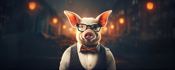 Funny pig portrait on wide background.