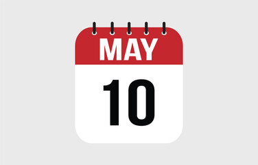 10 May calendar icon. Red calendar page vector for May days and weeks.