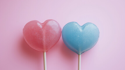 Two pink and blue, sweet, tasty lollipops in the shape of a heart. A minimalistic romantic love banner with a lollipop and copy space, perfect for Valentine's Day expressing affection and sweetness.