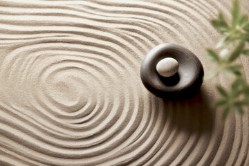 Stacked Zen stones sand background, peaceful concept