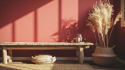 Obraz na płótnie Canvas Boho Chic: Interior Design with Vibrant Wall, Cozy Furniture and Decor Accents