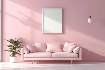 Pastel Living Room Interior Mockup with Picture Frame on Wall. 3D Render of Cozy and Bright Living Area with Sofa, Painting, and Soft Pastel Colors