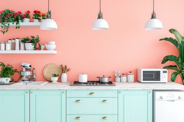 Peachy Elegance: Minimalist Kitchen Interior with Floral Accents on Pastel Colored Wall
