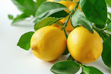 Luscious Lemon Branch: Vibrant Citrus Fruits with Green Leaves on White Background