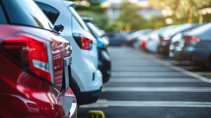 cars in motion, Car parked at outdoor parking lot. Used car for sale and rental service. Car insurance background. Automobile parking area, Ai generated image