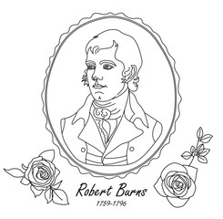 Robbie Burns icon line element. Vector hand drawn illustration of Robbie Rurns isolated on white background with lettering inscription of his name. - 716537630