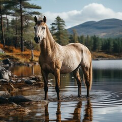 Obraz na płótnie Canvas A horse standing in the water of a lake, an endless landscape of a farmland. Concept: horse breeding, ranch. Banner with copy space 