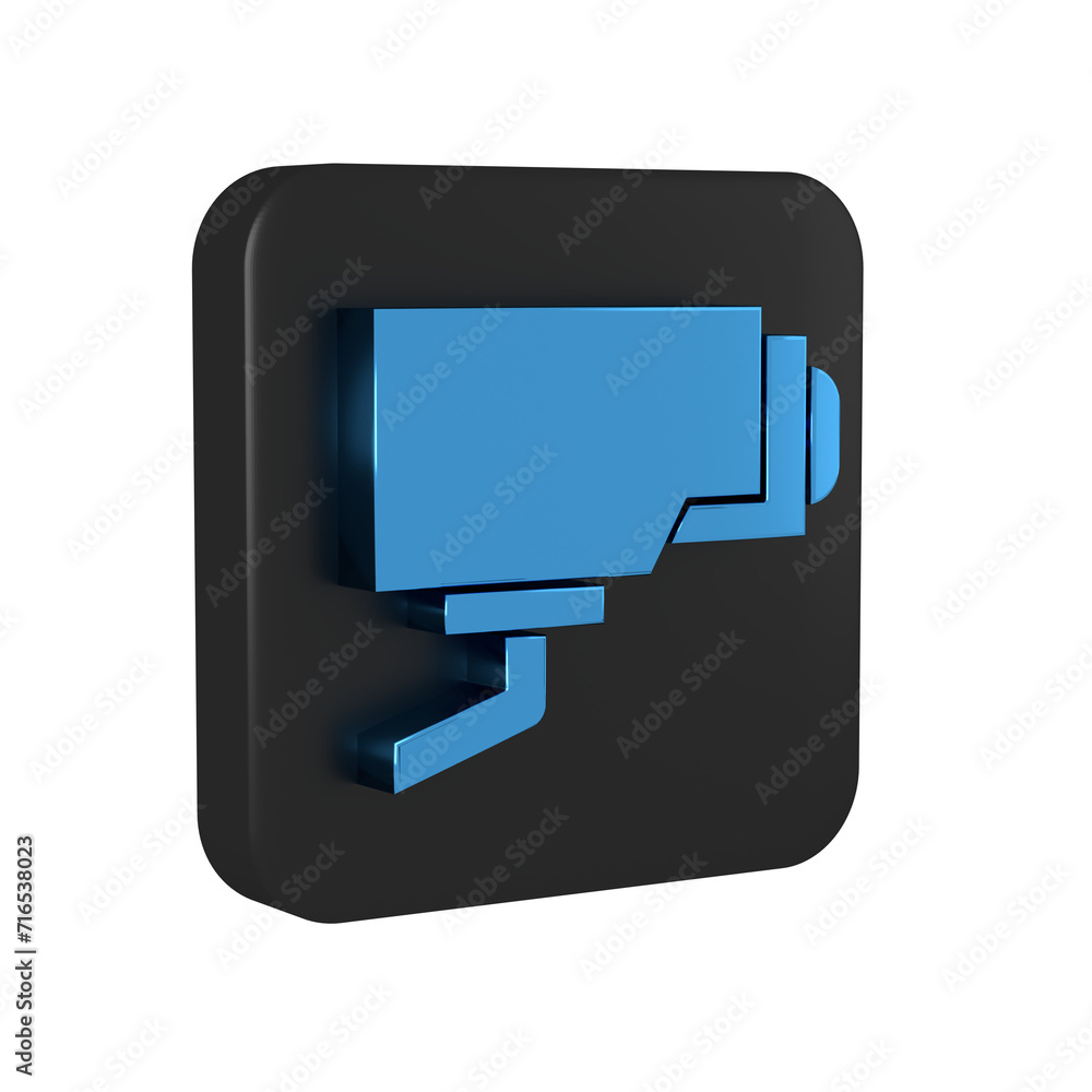 Poster blue security camera icon isolated on transparent background. black square button.