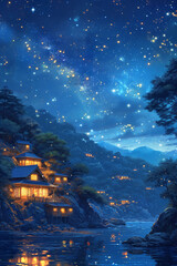 Night, sky, stars, cozy, atmosphere. AI generative