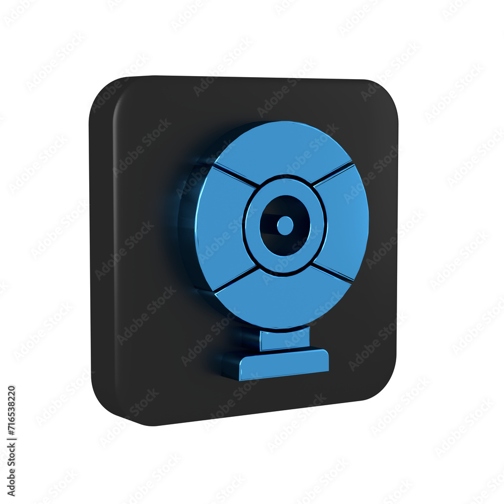 Poster blue security camera icon isolated on transparent background. black square button.