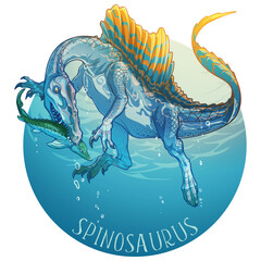 Spinosaurus hunting on fish. Colored linear hand drawing isolated on a white background. Paleoart illustration. Sticker or badge. EPS10 Vector illustration
