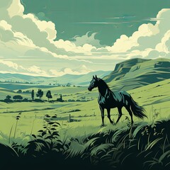 Obraz na płótnie Canvas A horse walking through a green field, an endless landscape of a farmland. Concept: horse breeding, ranch. Banner with copy space 