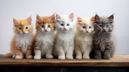 Fototapeta na wymiar Kittens of different colors sitting next to each other on a white background, minimalistic photo