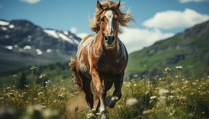 galloping horse walking through a green field, an endless landscape of a farmland. Concept: horse breeding, ranch. Banner with copy space