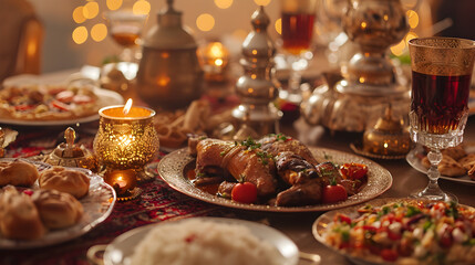 a warm and inviting Iftar feast, capturing the joyous moments of breaking the fast during Ramadan Mubarak
