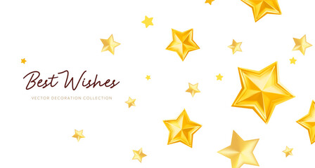 Vector illustration of fly realistic golden color star and text best wishes. 3d style holiday template design with golden star on white background. Festive gift surprise © wowomnom