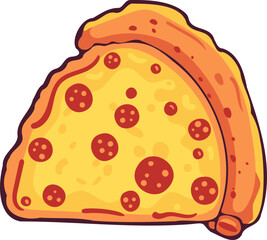 Pizza slice with melted cheese and pepperoni. Vector cartoon sticker in comic style with contour. Design element food for greeting card