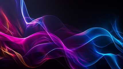 a black background with a few neon colors waves, geometric waves shapes, dark blue, purple, black, mostly black