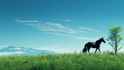 A horse walking through a green field, an endless landscape of a farmland. Concept: horse breeding, ranch. Banner with copy space
