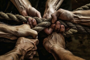 multiple pairs of hands firmly grasping a thick rope - obrazy, fototapety, plakaty
