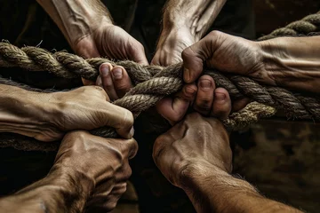 Foto op Plexiglas multiple pairs of hands firmly grasping a thick rope © Suhardi