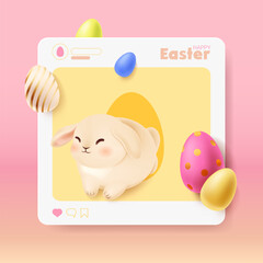 3D social media poster template for Happy Easter. Realistic rabbit jumping out of post. Holiday sales promotion ads with painted eggs. Modern design elements for spring holiday. Vector illustration