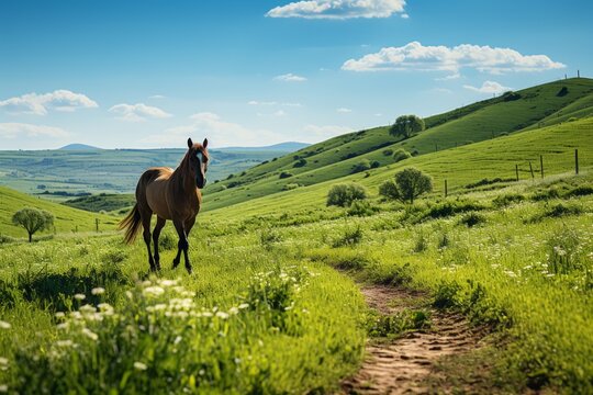 A horse walking through a green field, an endless landscape of a farmland. Concept: horse breeding, ranch. Banner with copy space
