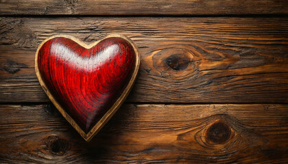 Closeup of a wooden red heart shape on a dark wooden background with copy space. Generative Ai.