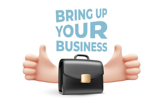 Vector illustration of business black color briefcase with man hand gesture thumb up on white color background. 3d style design of black briefcase with text bring up your business