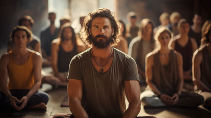 handsome and fit man in comfortable clothes doing a difficult yoga pose, other people around doing yoga