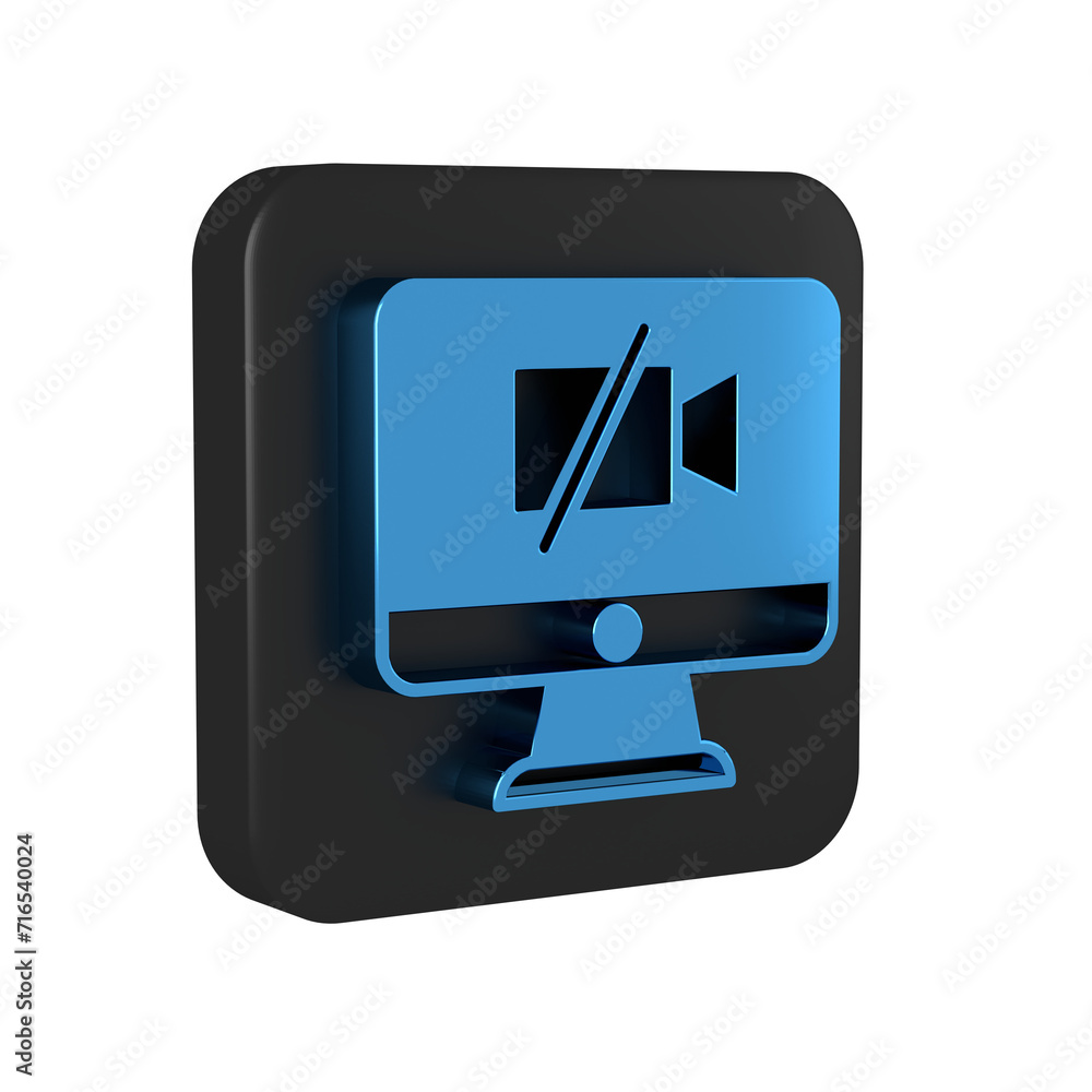 Poster blue video camera off on computer icon isolated on transparent background. no video. black square bu