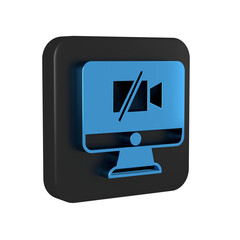 Blue Video camera Off on computer icon isolated on transparent background. No video. Black square button.