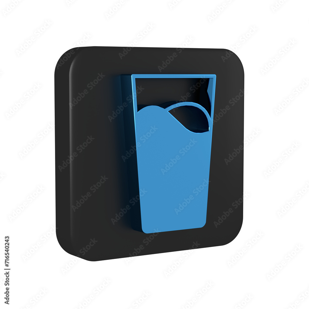 Sticker blue glass with water icon isolated on transparent background. soda glass. black square button.