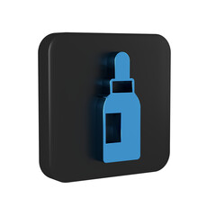 Blue Essential oil bottle icon isolated on transparent background. Organic aromatherapy essence. Skin care serum glass drop package. Black square button.