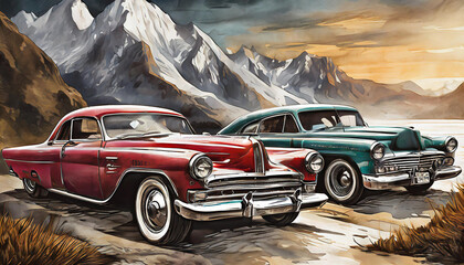 classic old muscle cars in the mountains