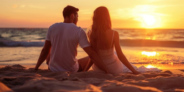 Beautiful couple sitting on the beach sand back to back and watching the sunset
