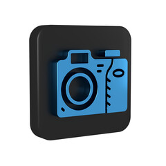 Blue Photo camera icon isolated on transparent background. Foto camera icon. Black square button.