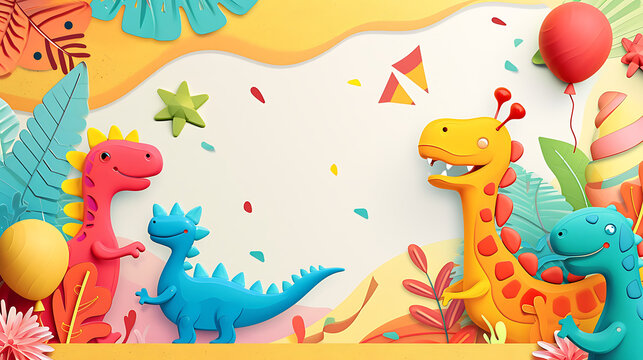 Celebration Galore: Children's Birthday Blank Postcard Layout with Cute balloons, cake and Dinosaurs, Perfect for Handwritten Birthday Wishes. Playful Patterns, Balloons, Confetti, and Party Hats © LiezDesign