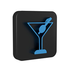 Blue Martini glass icon isolated on transparent background. Cocktail icon. Wine glass icon. Black square button.