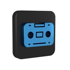 Blue Retro audio cassette tape icon isolated on transparent background. Black square button.