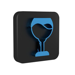 Blue Wine glass icon isolated on transparent background. Wineglass sign. Black square button.
