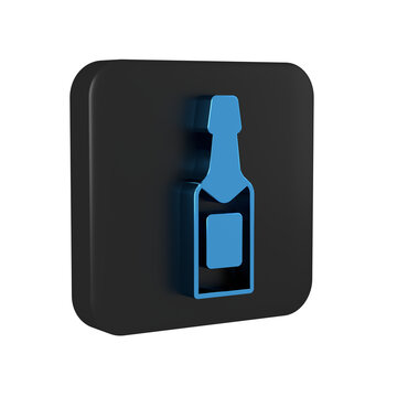 Blue Champagne bottle icon isolated on transparent background. Black square button.