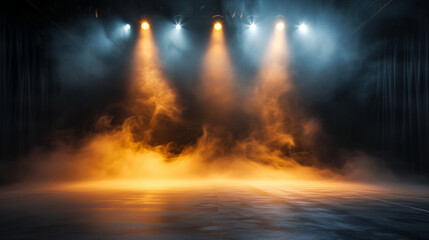 burning fire in the forest,  Empty concert stage with illuminated spotlights and smoke. Stage...