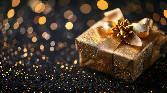 christmas gift box, golden gift box with ribbon, Gift box and golden ribbon on black background with glitter, Ai generated image