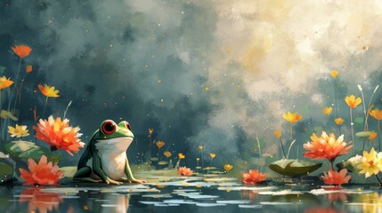 Watercolor frog illustration. Hand painted image of a cute frog. Frog clipart, wallpaper. 