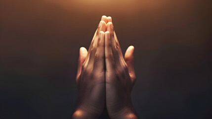 Praying hands with faith in religion and belief in God on dark background. Power of hope or love and devotion. Namaste or Namaskar hands gesture. - obrazy, fototapety, plakaty