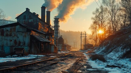 A mesmerizing dawn illuminating an industrial factory landscape with smoking chimneys and sparkling frost, against the backdrop of a bright orange sky.