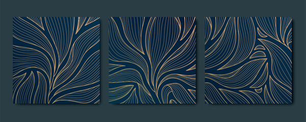 Vector set of background art patterns, line luxury leaves design, floral art deco ornament. Nature golden vintage cards, tropical illustrations
