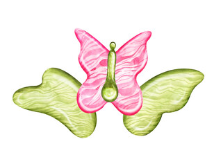 Obraz premium Rose quartz jade scraper for Gua Sha massage. Natural stone scraper and rollers of various shapes. Beauty skin care tool, watercolor illustration for web, blog, social media. Facial massager isolated.