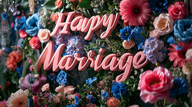 A floral paradise featuring "Happy Marriage" in delicate flower letters, surrounded by lush blooms and greenery. 